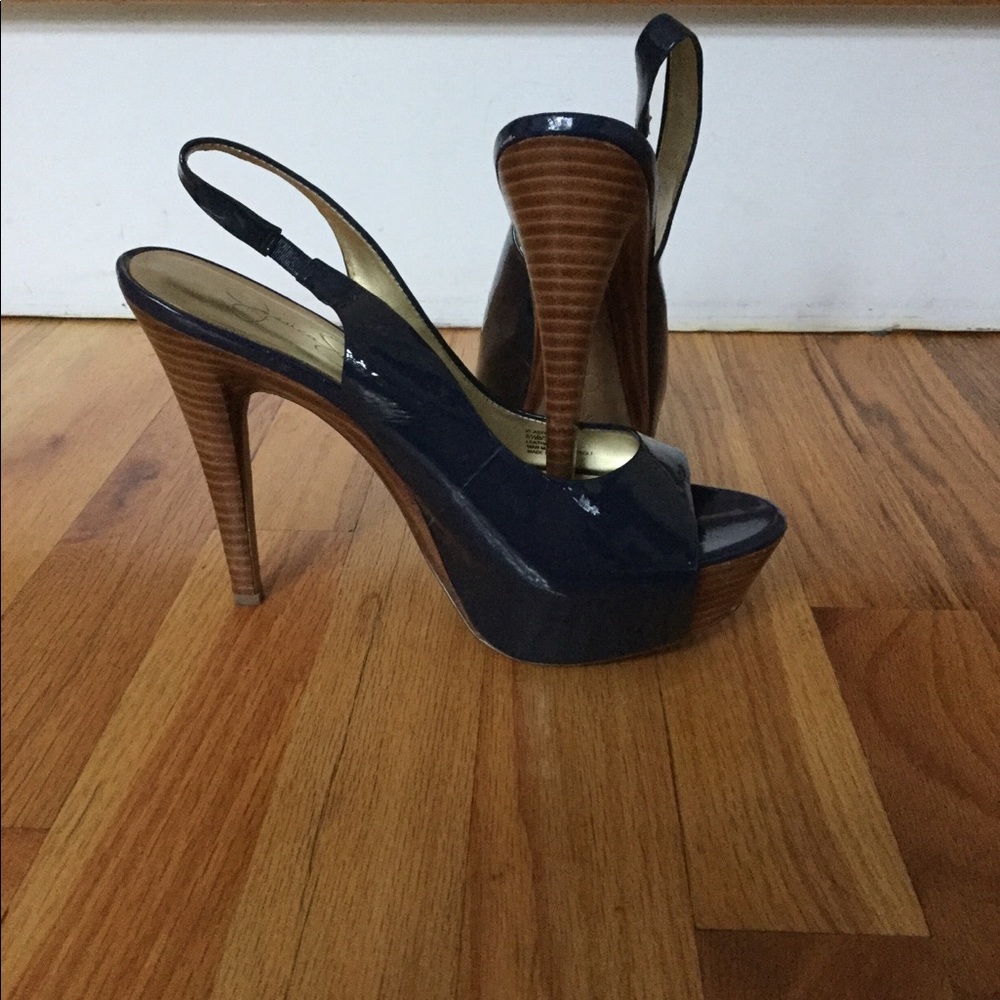 Navy Paton leather slingback heel